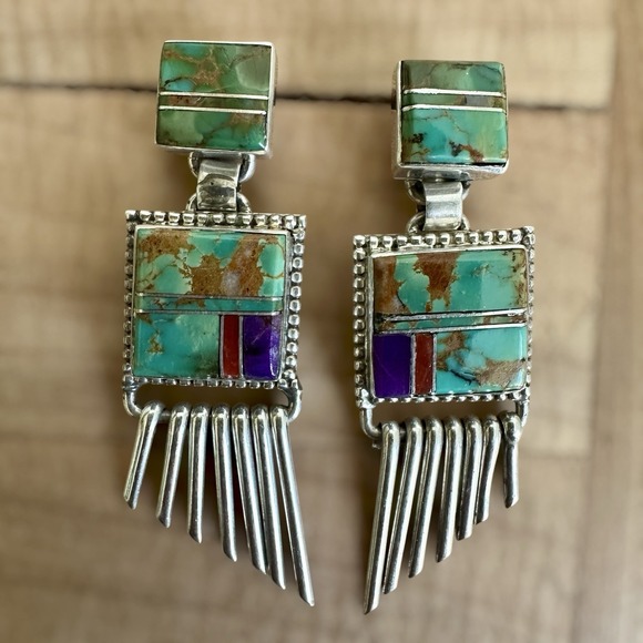 Native American Artisan LP Dangle Earrings 1.9 Inch Turquoise 925 Sterling 14.8g - Picture 2 of 9